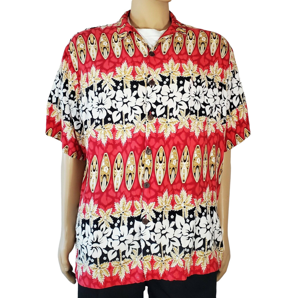 Aloha Hut Surfboard Palms Hibiscus Flowers XL Rayon Hawaiian Aloha Shirt